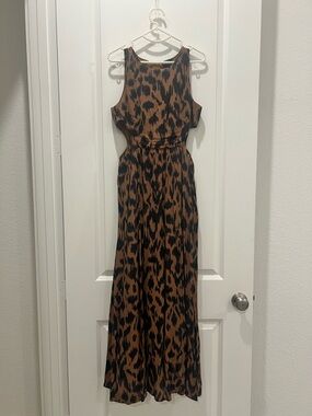 Miou Muse Black Brown Leopard Print Midi Dress M | Cutout Side Sleeveless Dress